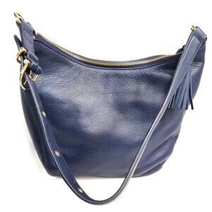 Talbot's Pebbled Leather Hobo Bag Navy Blue Purse Crossbody Strap Tassel Zip Top